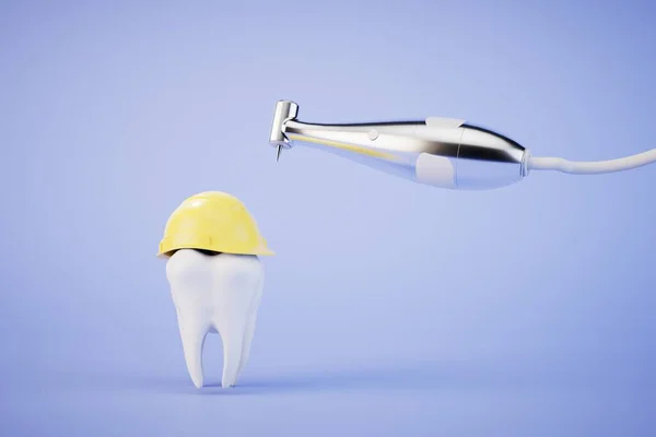 Zahnbehandlungskonzept Ein Zahn Einem Schutzhelm Neben Der Spitze Mit Bor — Stockfoto