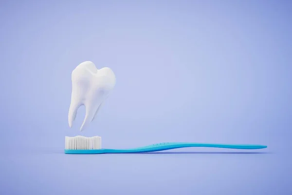 stock image the concept of proper teeth cleaning. tooth and toothbrush on a blue background. 3D render.