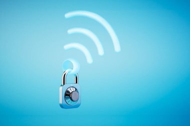 Wi-Fi şifresi. Mavi arkaplana şifreli kilit asan bir Wi-Fi simgesi. 3 Boyutlu Hazırlama.