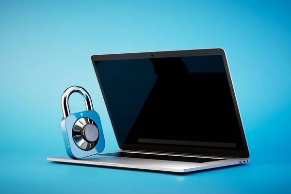 password to log in on the laptop. an open laptop on which a combination lock on a blue background. 3D render.