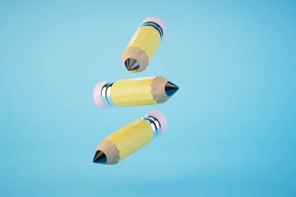 stock image the concept of learning to draw. simple pencils flying over a turquoise background. 3D render.