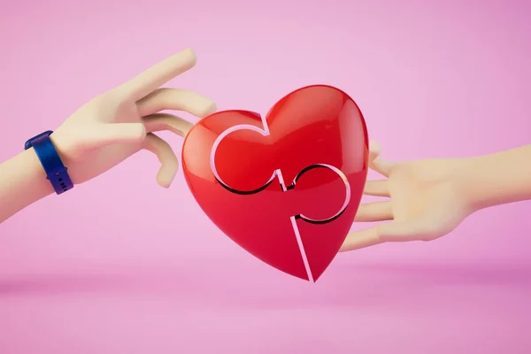 the concept of falling in love. hands reaching for the heart on a pastel background. 3D render.