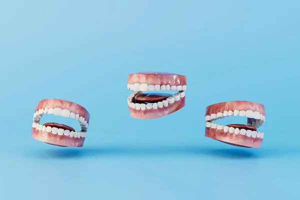 Szczęki Białymi Prostymi Zębami Lecącymi Nad Niebieskim Tłem Renderowanie — Zdjęcie stockowe