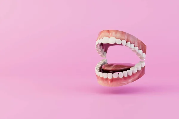 パステルカラーの背景に白い歯を持つ顎のモデルです コピーペーストコピースペース 3Dレンダリング — ストック写真