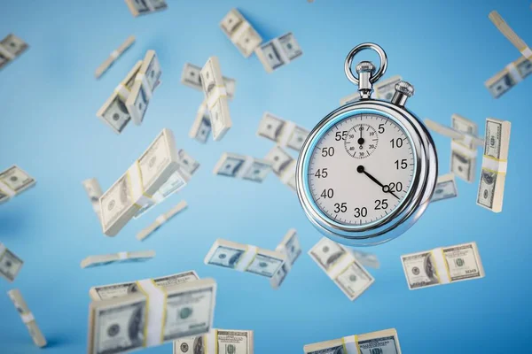 limited time to earn money. a stopwatch and packs of dollar bills flying across a blue background. 3D render.