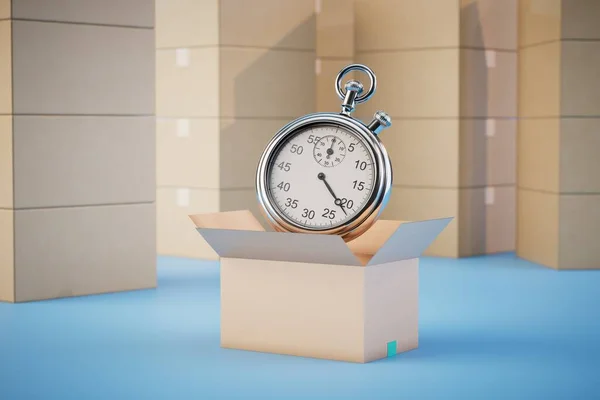 fast delivery of parcels. open box with a stopwatch next to the parcels on a blue background. 3D render.