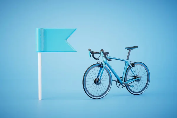 traveling by bike. bike and road flag on a blue background. 3D render.