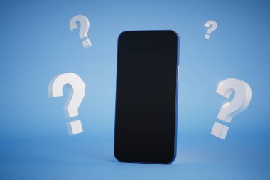 Sosyal medyada neler olduğunu. Etrafında soru işaretleri olan akıllı telefon. 3 Boyutlu Hazırlama.