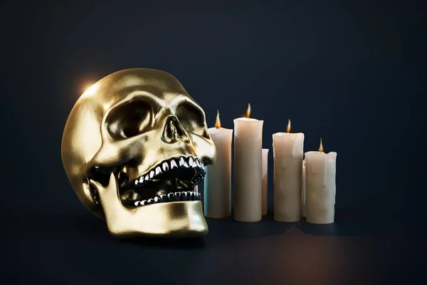 Einen Goldfarbenen Totenkopf Und Brennende Kerzen Auf Schwarzem Hintergrund Renderer — Stockfoto