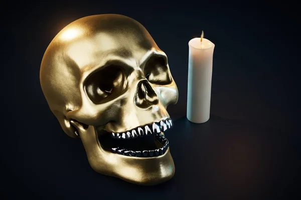 a gold-colored skull and burning candle on a black background. 3D render.