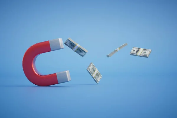 the concept of the attraction of money. a magnet that attracts wads of dollars. 3D render.