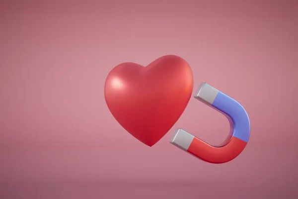 the concept of the attraction of love. a magnet that attracts the heart. 3D render.
