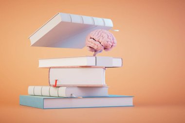 Sürekli öğrenme kavramı. Bir yığın kitap ve pastel arka planda bir beyin. 3 Boyutlu Hazırlama.