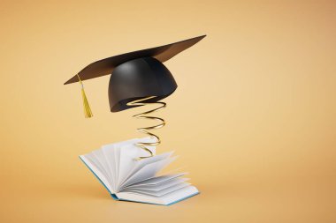 an open book from which the master's cap pops out on a spring on a pastel background. 3D render. clipart