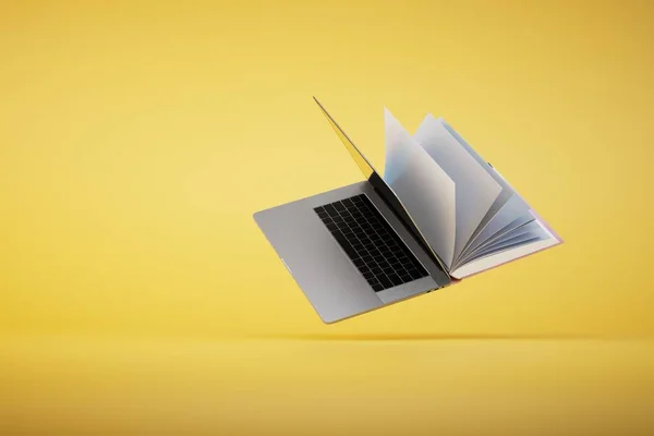 Концепция Онлайн Обучения Открыть Книгу Ноутбук Желтом Фоне Рендеринг — стоковое фото
