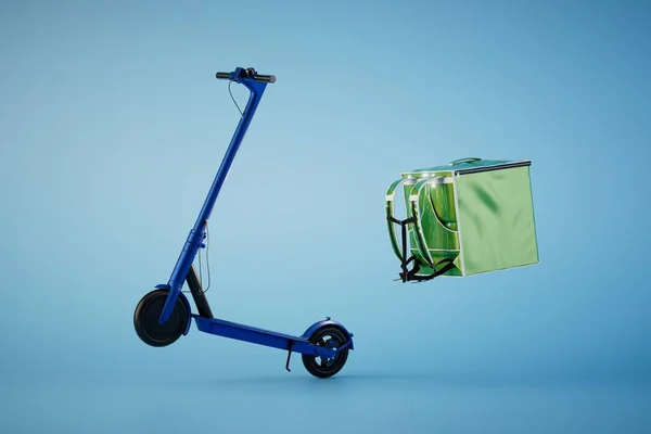 Concept Food Delivery Electric Scooter Food Delivery Bag Blue Background — Stock Photo, Image