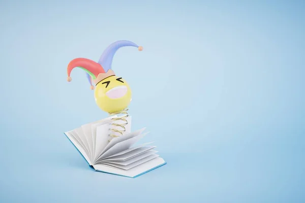 reading a comedy book. an open book from which an emoji pops out on a spring. copy paste, copy space. 3D render.