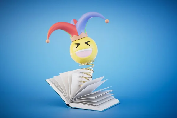 Reading Comedy Book Open Book Which Emoji Pops Out Spring — Stock Photo, Image