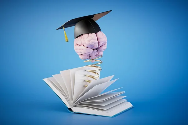 university studies. an open book from which the brain pops out on a spring in the master's cap. 3D render.