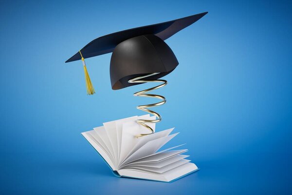 an open book from which the master's cap pops out on a spring on a blue background. 3D render.