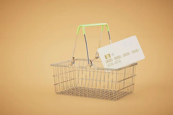 用信用卡支付购物费用 购物车 其中的信用卡是在一个粘糊糊的背景 3D渲染 — 图库照片
