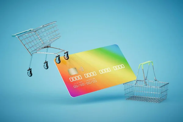 purchases by credit card. a shopping cart and shopping cart between which is a multi-colored credit card. 3D render.