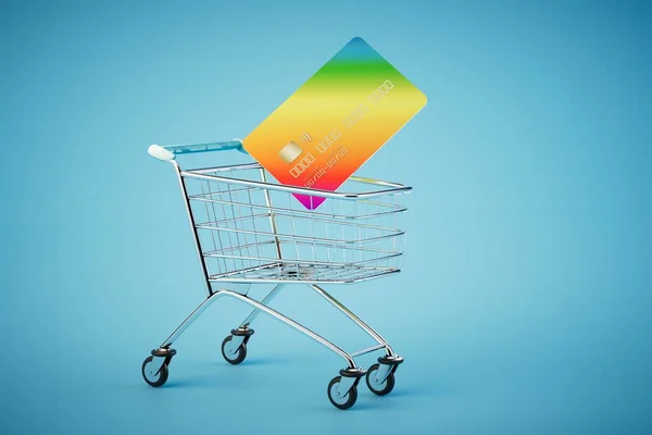 用信用卡支付购物费用 购物车中的彩色信用卡 3D渲染 — 图库照片