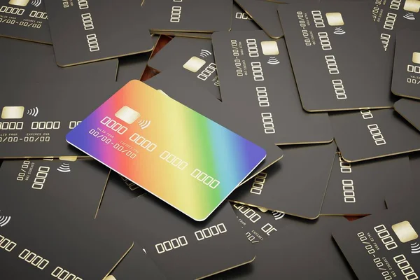 the concept of making bank credit cards. many black credit cards and one multi-colored credit card. 3D render.