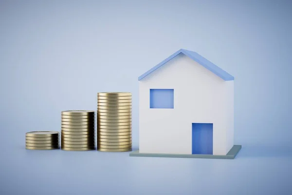 Aumento Los Precios Pilas Monedas Lado Casa Sobre Fondo Azul — Foto de Stock