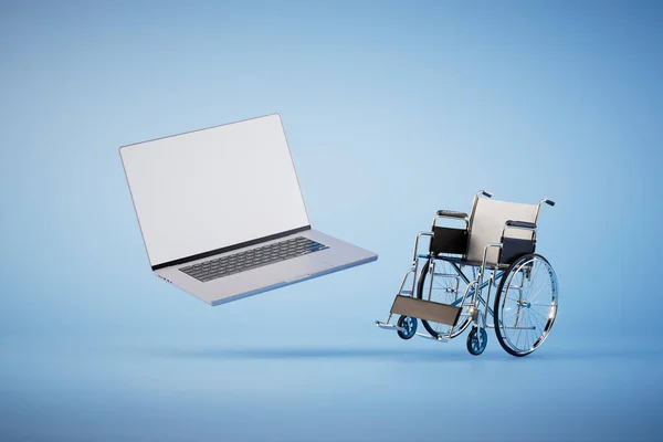 remote work for people with disabilities. wheelchair and laptop on the blue background. 3D render.