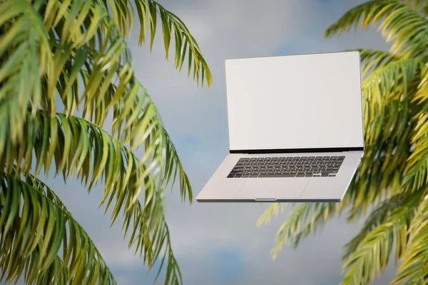 Remote Work Vacation Open Laptop Background Palm Leaves Render — Stock Photo, Image