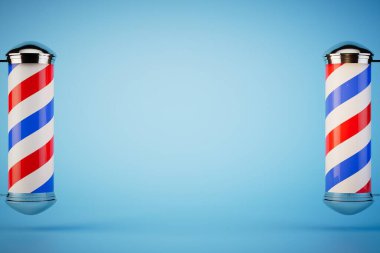 Mavi arka planda berber amblemleri. kopyala yapıştır, kopyala alanı. 3 Boyutlu Hazırlama.