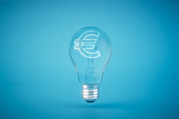 generation of ideas for earnings. A light bulb with a euro icon on a blue background. 3D render.