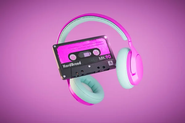 Słuchanie Kasety Audio Słuchawkami Kaseta Audio Słuchawki Różowym Tle Renderowanie — Zdjęcie stockowe