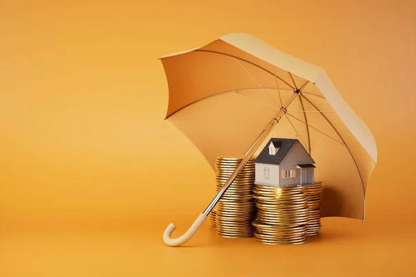 Seguro Comprar Una Casa Monedas Una Casa Bajo Paraguas Sobre — Foto de Stock