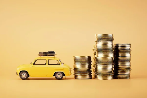 High price to buy a car. stacks of coins and a car on a pastel background. 3D render.