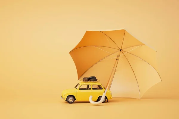 Insurance when buying a car. A car under an umbrella on a pastel background. 3D render.