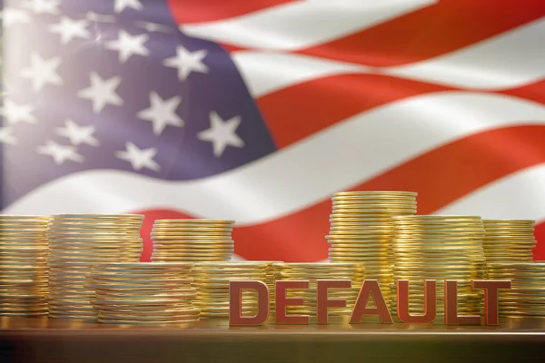 the fall of economy in USA. coins and the inscription default on the background of the flag of America. 3D render.