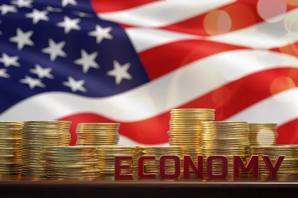 Economic Situation Usa Coins Inscription Economy Background Flag Render — Stock Photo, Image