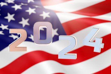 Amerika 'nın 2024 seçimleri. Amerikan bayrağının arka planında 2024 yazılıydı. 3 Boyutlu Hazırlama.