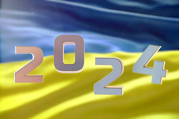 Напис 2024 Року Тлі Українського Прапора Render — стокове фото