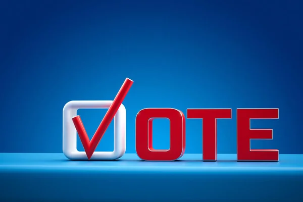 selection of a candidate for voting. Tick and inscription Vote on a blue background. 3D render.