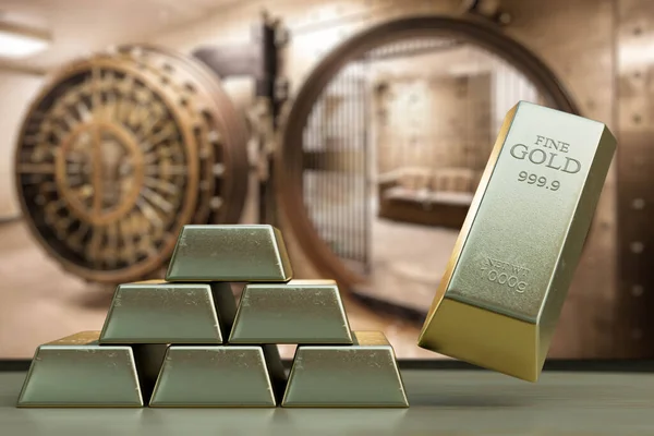 storage of gold in a bank safe. gold bars in front of an open safe. 3D render.