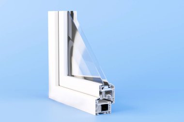 Metal, cam ve yalıtım ve mavi arka planlı pencere profili. 3d hazırlayıcı.