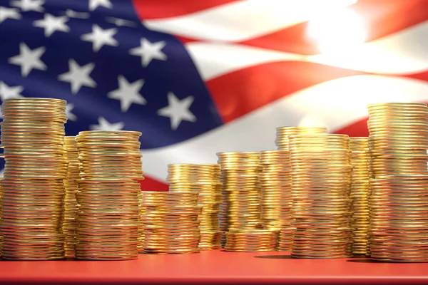 Amerika 'daki ekonomik durum. Amerika bayrağının arka planında dolar paraları var. 3 Boyutlu Hazırlama.