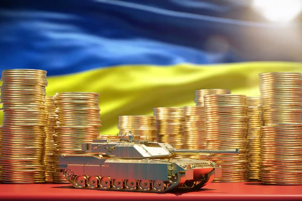 タンクのウクライナへの移転 ウクライナの国旗を背景に戦車や金貨 3Dレンダリング — ストック写真