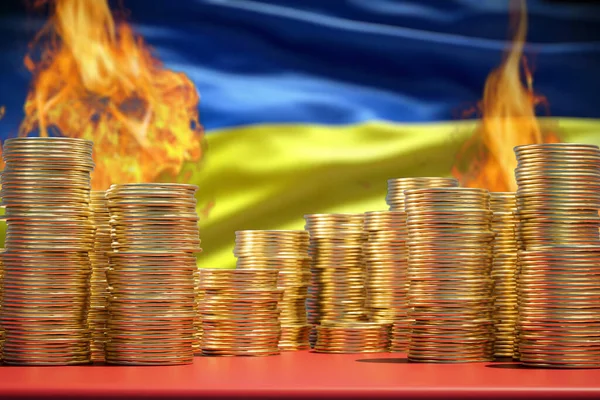 Зруйнована Економіка України Монети Тлі Палаючого Прапора України Render — стокове фото