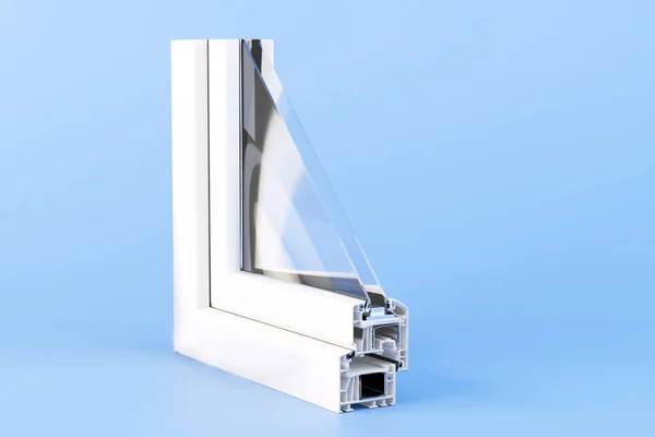 stock image Cut of the window profile with metal, glass and insulation n blue background. 3d render.