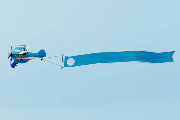 Propellervliegtuig Met Een Lange Blauwe Reclamebanner Gemaakt Van Stof Geïsoleerd Stockfoto