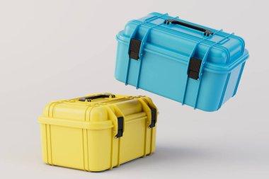 Pastel arka planda sarı ve mavi alet çantaları. 3d hazırlayıcı.